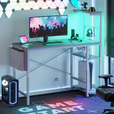 Johnothan LED Gaming Desk with Power Outlet,Computer Desk with Three Levels of Adjustable Shelves