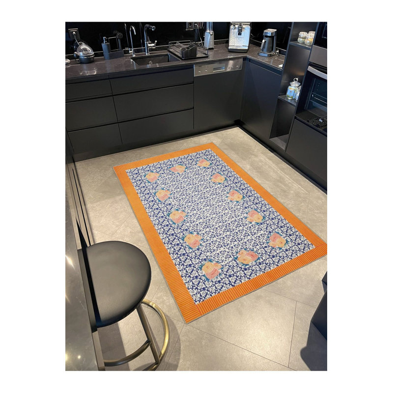 Tapis orange tissé à motif floral lavable, Tapis de couloir 2 pi 6 po x 6 pi 7 po inclus