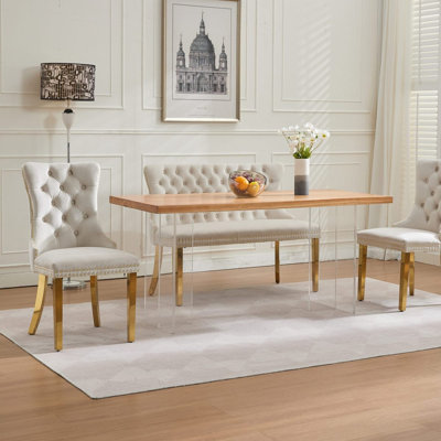 Banc en velours pour causeuse double pour la salle à manger, sièges de cuisine et de salle à manger, banc capitonné à 2 places avec boutons faits à la main, dossier à oreilles, pieds en acier plaqué or, ensemble Mid-Century moderne, beige, SW1602BG