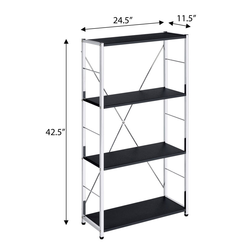 Bibliothèque noire et chrome à 4 niveaux avec dossier ouvert, Black/Silver