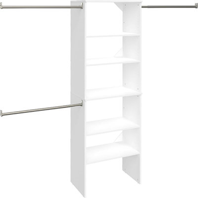 Ensemble de démarrage mural en bois d'ingénierie l 60 po à l 120 po avec tour, tablettes réglables et tringles de suspension, blanc