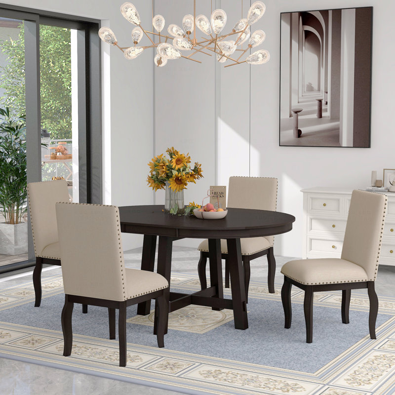 Ensemble de table de salle à manger à rallonge 5 pièces en bois rond et 4 chaises rembourrées, Espresso, Espresso, Espresso