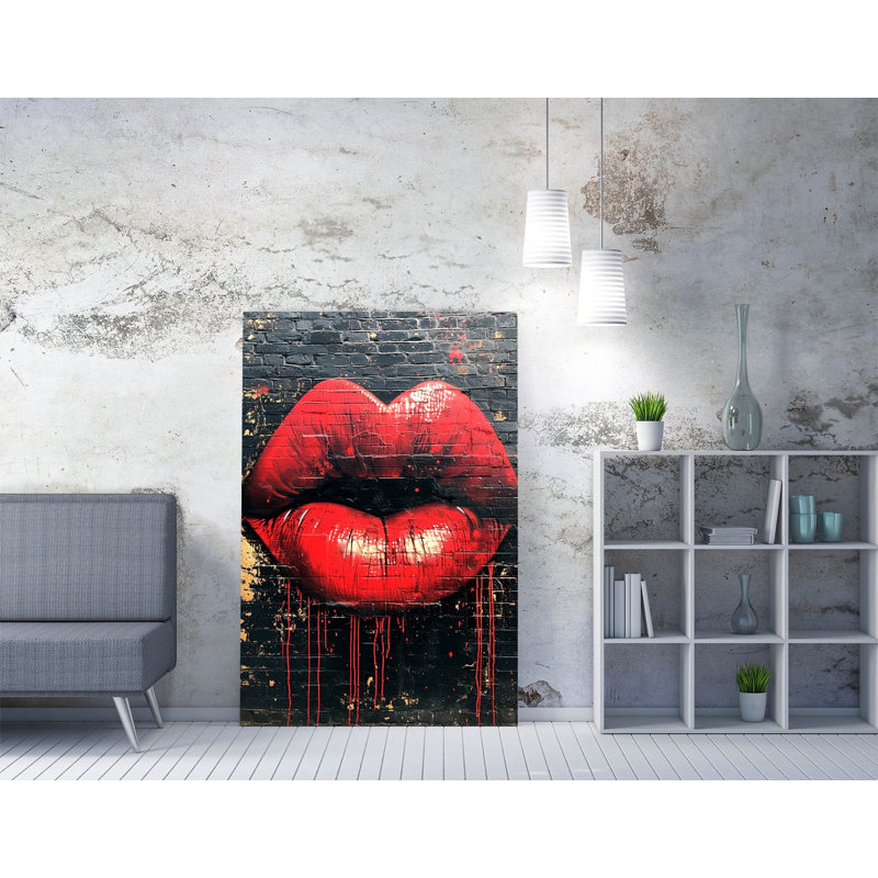 Red Heart Shaped Lips Contemporary Graffiti Canvas Wall Art Print Picture, 30 cm H x 20 cm W