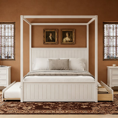 Queen Size Modern Solid Wood Canopy Platform Bed with Trundle and Three Storage Drawers | 4-Post Bed Frame with Headboard, No Box Spring Needed, White