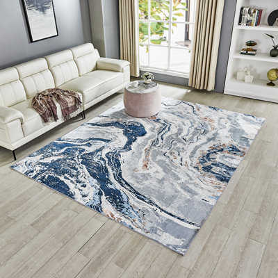 Tapis abstrait lavable à la machine Kasperitis en bleu / blanc / gris pour le salon, la chambre à coucher, les tapis d'intérieur