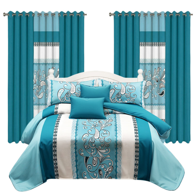 9-Piece Turquoise Paisley Microfiber Bedspread & Curtain Set with 2 Shams and 6 Light-Filtering Grommet Panels