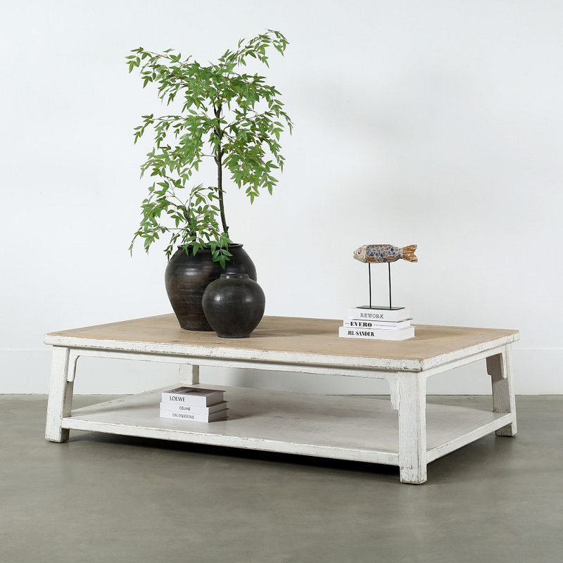 Table basse avec rangement en bois massif Amalfi, H 18 po x l 67 po x P 43 po, Bois naturel