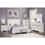 Grand lit blanc moderne avec tiroirs et tête de lit tapissier en similicuir, décorations argentées, meubles de chambre à coucher en bois, finition de rangement sans sommier nécessaire, paillettes, meubles