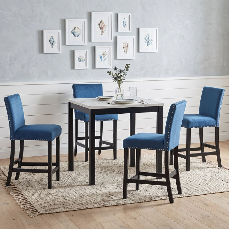 Ensemble de salle à manger 5 pièces en faux marbre, hauteur du comptoir, avec 4 chaises, Bleu