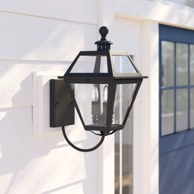 Agarwal 20 in. H 3-Light Textured Black Transitional Outdoor Wall Sconce made of Durable Steel, Clear Glass Shade, LED Compatible, Use for Exterior Porch Patio Front Door or Garage