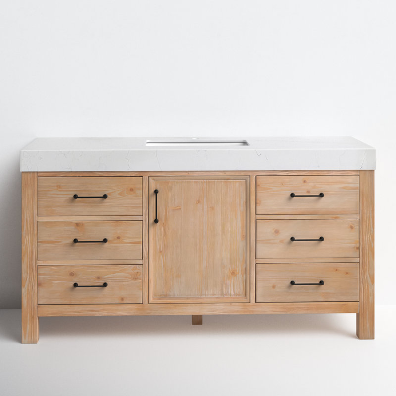 Leon 60'' Single Bathroom Vanity with Engineered Marble Top, White, Brown, Matte Black