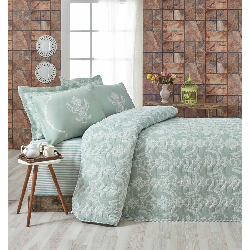 Emmanuelle Damask Bedspread with Pillowcases, Green, W220 x L240cm