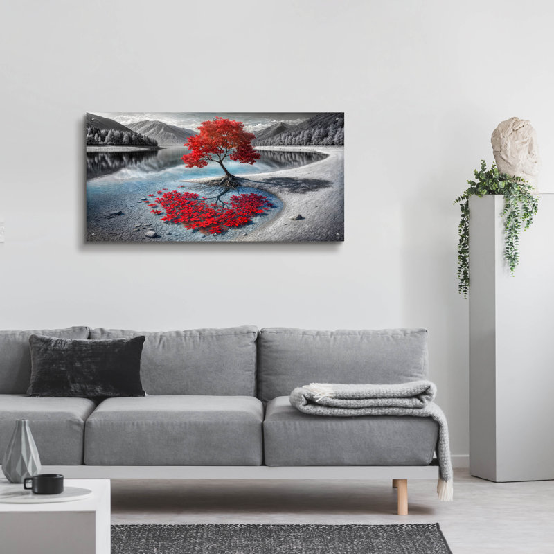 «Red Tree and Mountain Lake» par Rey Klimt, art mural acrylique, H 24 po x l 48 po