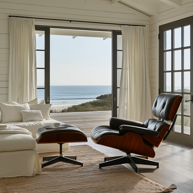 Swivel Accent Chair With Ottoman In Top Grain Leather, Black/Orange Walnut