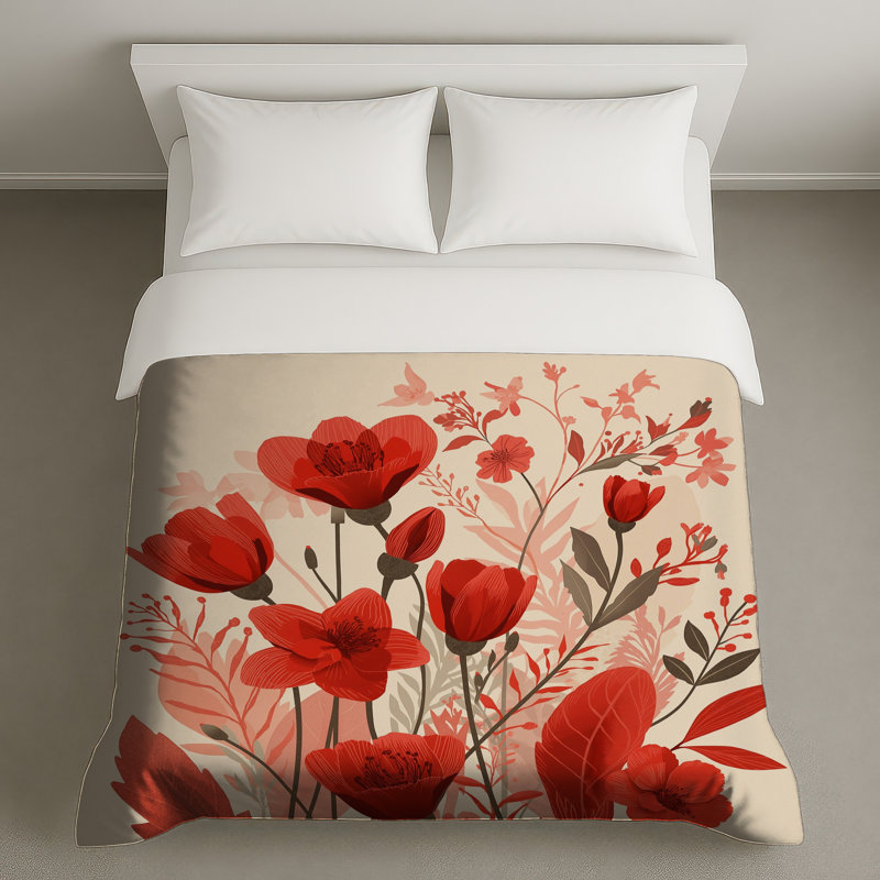 Red Floral Illustration Duvet Covers, Twin