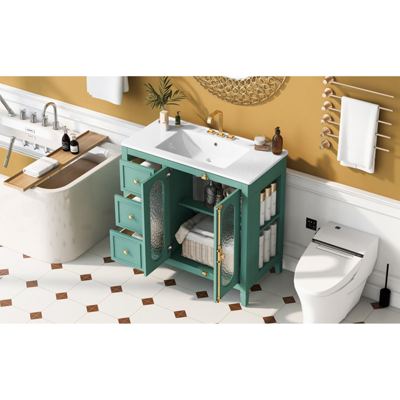 de salle de bain de 3 pouces avec 2 portes à fermeture douce, une structure en bois massif et une armoire de rangement moderne avec 3 tiroirs.