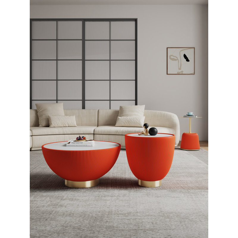 Ensemble de table de salon moderne 3 pièces avec base en acier inoxydable recouvert de cuir végétalien Anderson, Orange