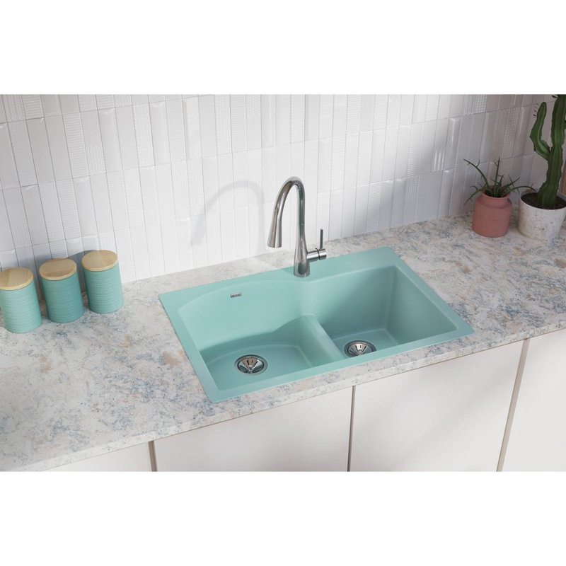 Quartz Luxe 33" L x 22" W Double Basin Drop-In Kitchen Sink with Aqua Divide, Mint Creme