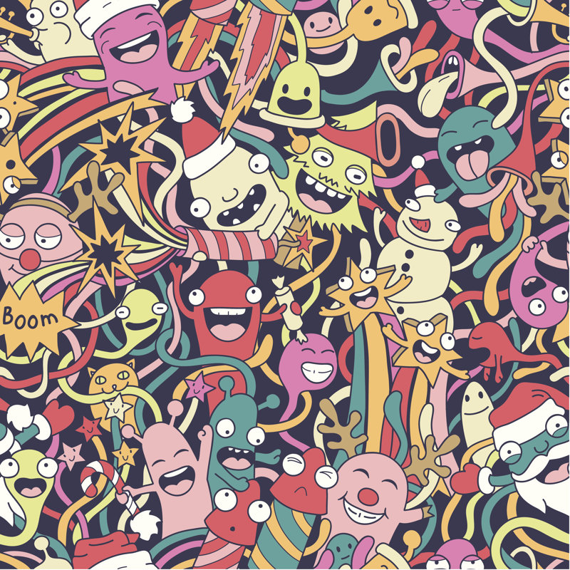 Christmas Seamless Pattern With Cute Crazy Monsters - Wrapped Canvas Print, 30cm H x 30cm W x 3.8 cm D