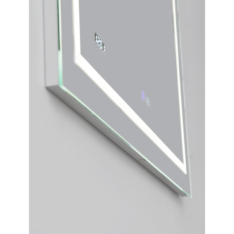 Silver Rectangular LED Lighted Bathroom Mirror with Digital Clock