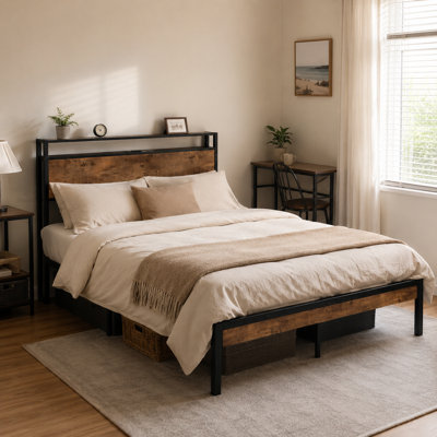 Queen-Size Metal Platform Bed Frame With Wooden Headboard And Footboard, USB And LED Lights, Large Storage Space, Easy-To-Assemble, No-Spring Bed.