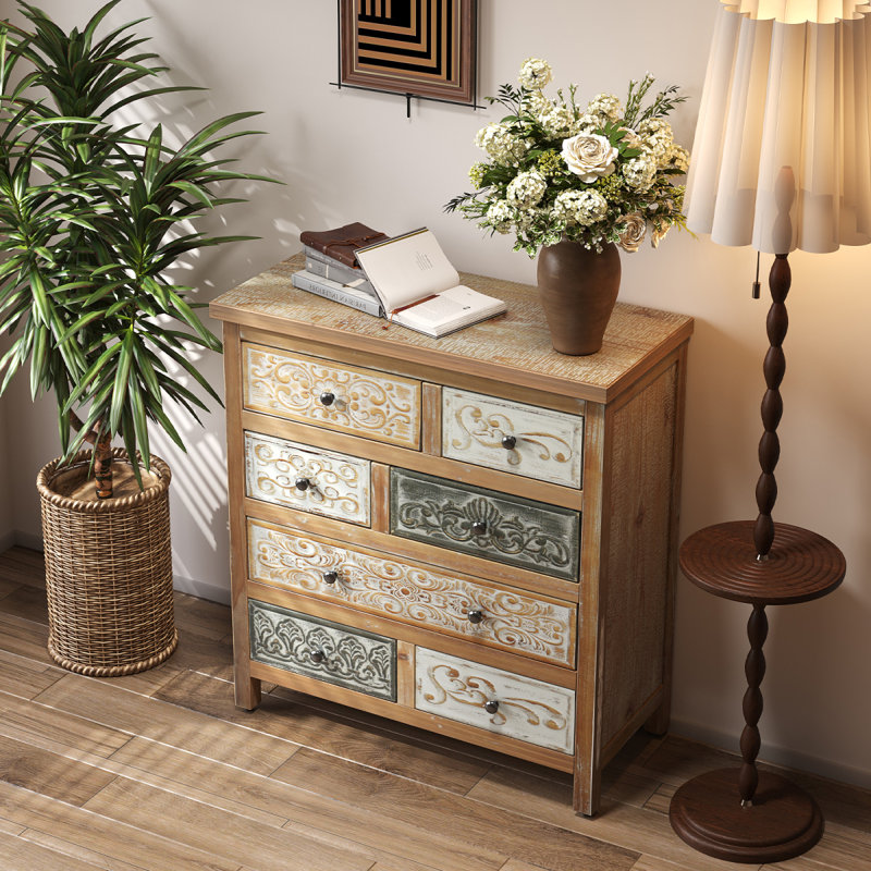 Commode d'appoint rétro en bois avec 6 tiroirs, commode de rangement rustique multicolore sculptée pour chambre à coucher, salon, décor de style campagnard (L 25,59 po x l 12,6 po x H 33,07 po)