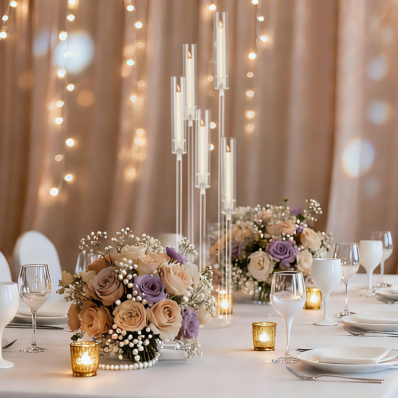 4Pcs 45.7''Tall 5 Arm Acrylic Candelabra Centerpieces for Tables, Clear Candle Holder for Wedding, Floor Candelabro Holders for Ceremony Birthday Party Home Decoration Fit 0.8 LED Candles(No Candle)