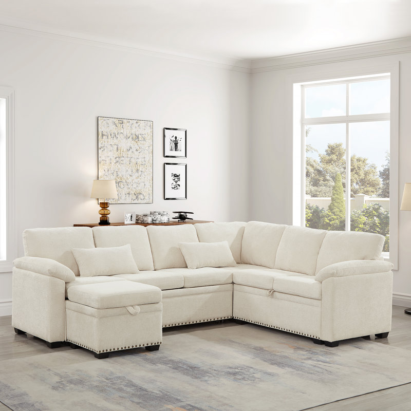 Canapé d'angle modulaire en L 97 po avec siège et repose-pieds de rangement en L 97 po, canapé d'angle en chenille avec 7 sièges et 2 coussins pour le salon, beige