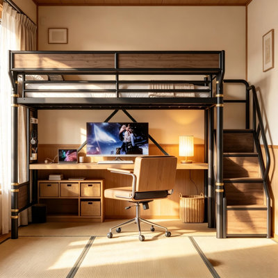 Lit mezzanine simple en métal avec bureau intégré et prise de courant, bande de DEL, paniers de rangement en panneau perforé et en filet, escalier de rangement avec garde-robe, lit mezzanine peu encombrant pour dortoir, appartement, chambre pour ados et adultes, noir.