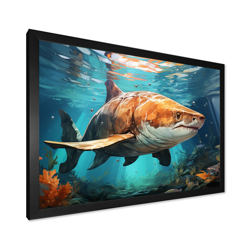 " Grey Teal Shark Underwater Symphony ", 12" H x 20" W, Black Picture Framed