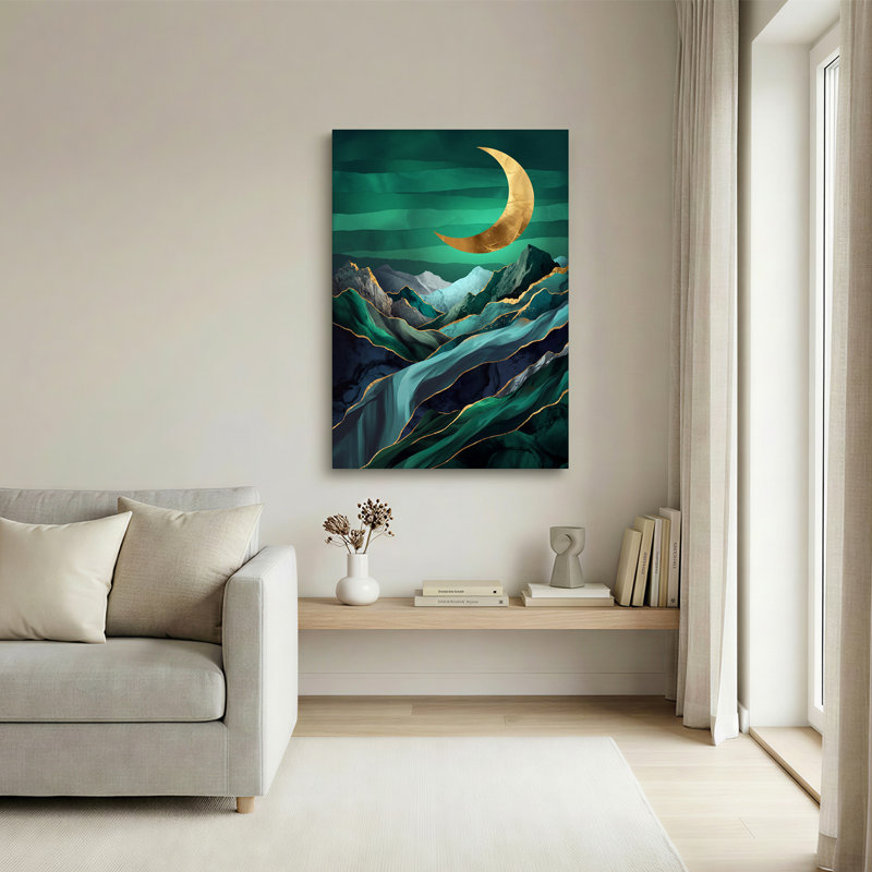 Art mural sur toile Gold Crescent Moon Over Teal, 18"H x 12"W