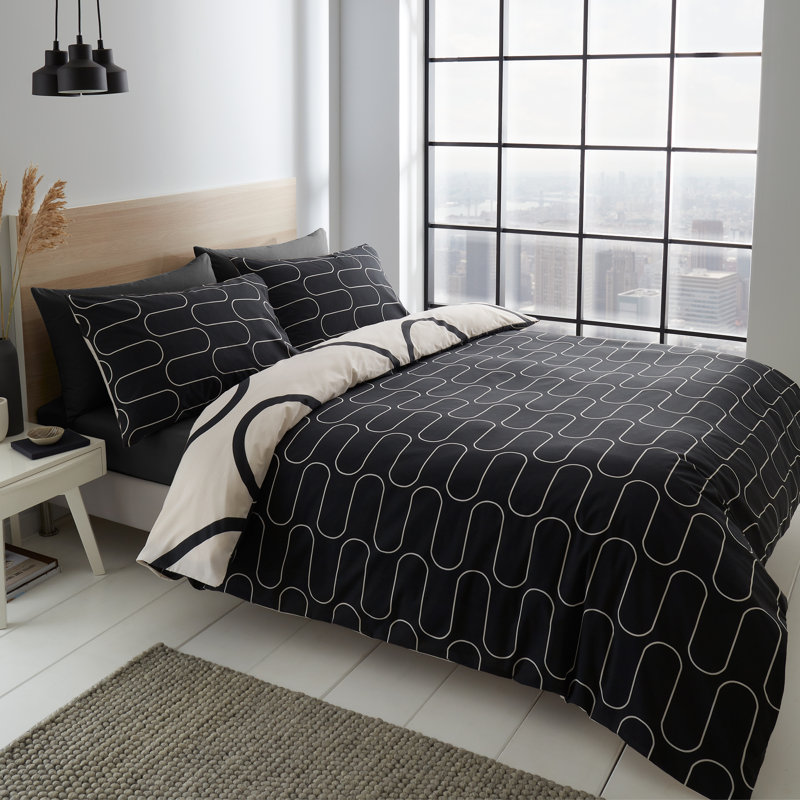 Linear Curve Geometric Reversible Duvet Cover Set with Pillowcases, Black, King Duvet Cover + 2 Standard Pillowcases