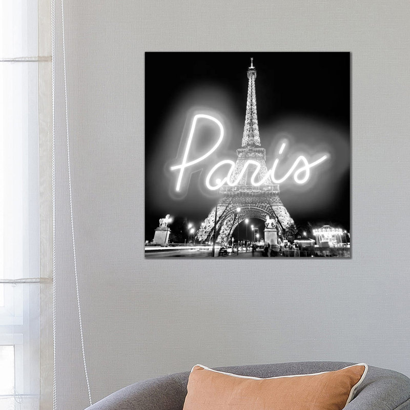 Neon Paris White On Black by Hailey Carr - Wrapped Canvas Print, 66.04 cm H x 66.04 cm W x 3.175 cm D