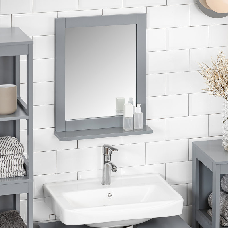 Lyndora Wood Flat Wall Mirror with Shelves, Dark Grey