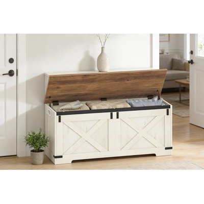 Farmhouse Storage Bench With Lift-Top Lid, Large Entryway Trunk Organizer For Living Room, Bedroom, And Hallway, White And Brown Wooden Storage Chest