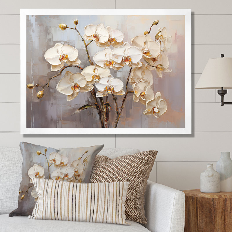 Minimalisme beige et orchidées dorées I sur toile, H 16 po x l 32 po x P 1 po, Cadre simple blanc