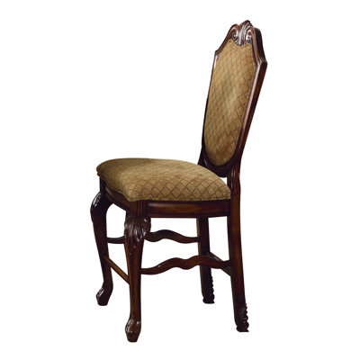 Timeless Counter Height Seating Pair - Beige Fabric, Cherry Wood Construction, Comfortable Sophisticated Chairs (pair) And Cherry, Arched Back, Intricate Ornamentation