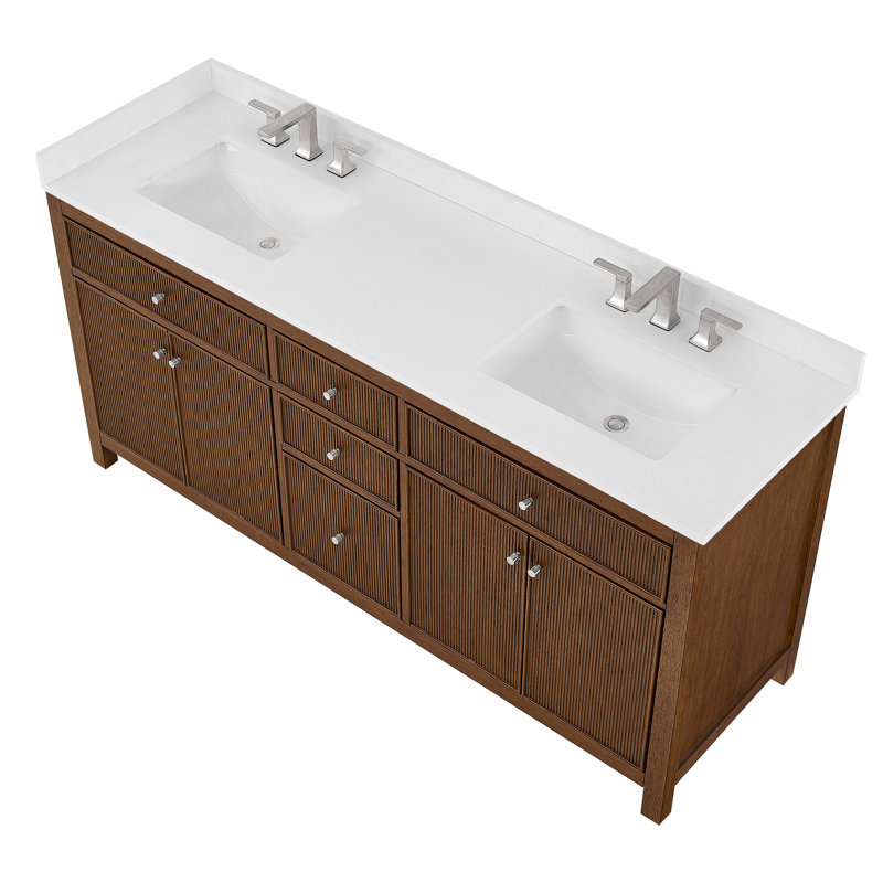 Pendry 72" Freestanding Double Bathroom Vanity with Top, Dark Walnut, Brushed Gold, White Quartz
