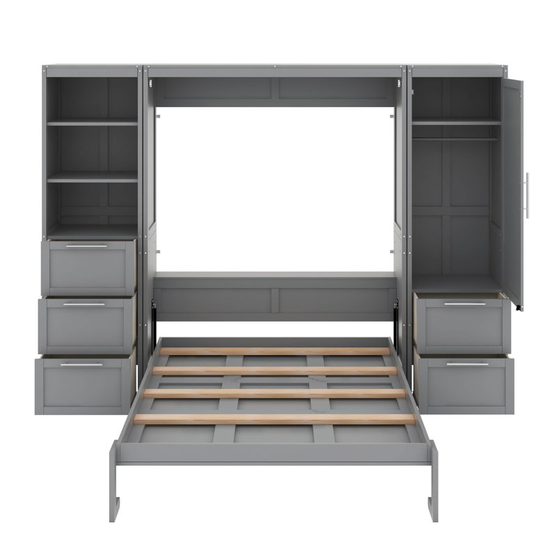 Grand lit escamotable avec placard, tiroirs et tablettes, Gris