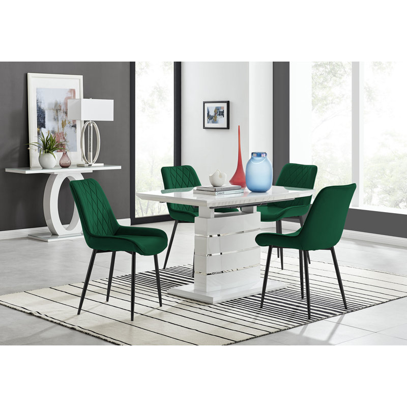 Everson High Gloss 6 Seat Extendable Dining Set with Luxury Velvet Upholstered Dining Chairs, 5 Pieces: Table, 4 Chairs