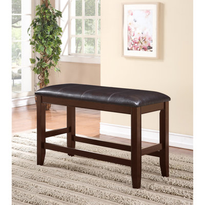 Banc à hauteur de comptoir de style transitionnel avec siège rembourré en similicuir et structure en bois brun avec repose-pieds