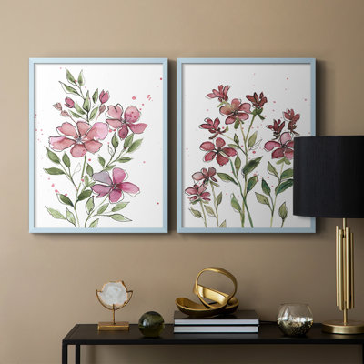 Aquarelle sur tiges florales I - reproduction encadrée de qualité supérieure - prête à être accrochée - aucun clou requis - aucun clou requis