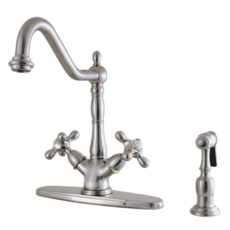 Kingston Brass Heritage Two-Handle 2-or-4 Hole Deck Mount Kitchen Faucet with Brass Sprayer, Oil Rubbed Bronze