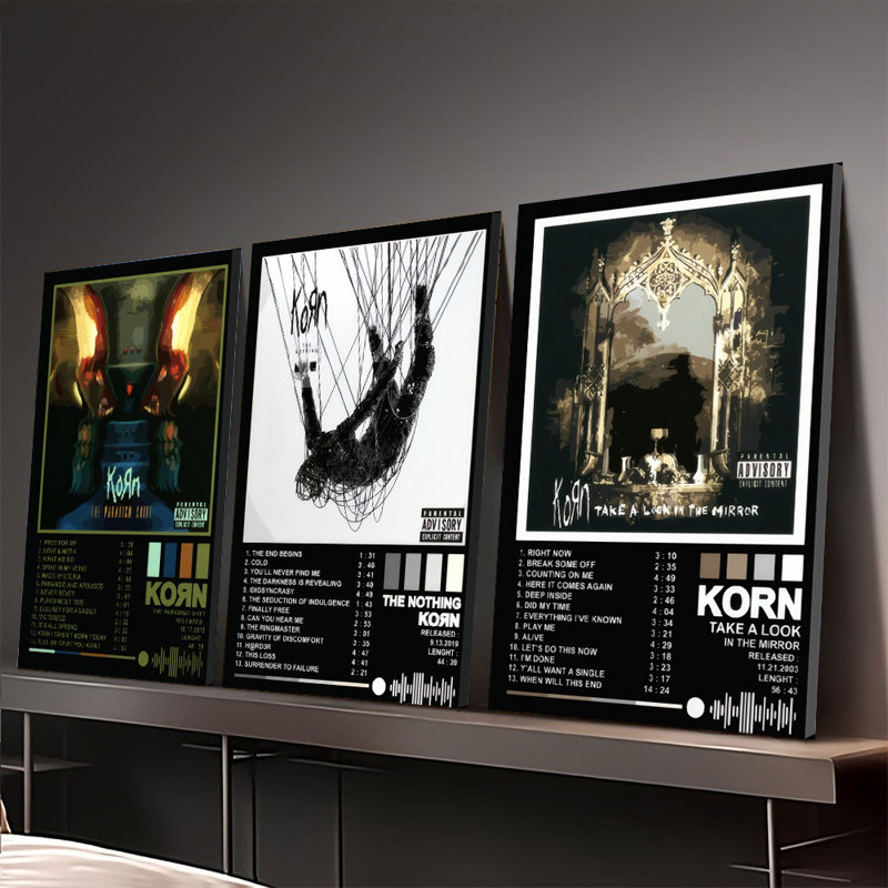 Ensemble de 3 affiches encadrées, reproductions sur toile des pochettes d'albums de Korn : The Paradigm Shift, The Nothing, Take a Look in the Mirror. Décoration murale idéale pour la chambre ou le salon. Cadeau parfait pour les amateurs de rock.
