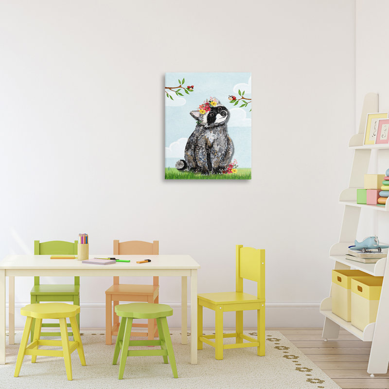 Bébé raton laveur et coccinelles, design par Lisa Morales, H 20 po x l 16 po