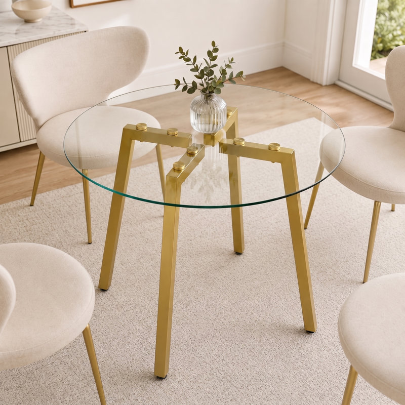 Table de salle à manger moderne en verre trempé pour petits espaces, Doré, H 29,5 po x l 36 po x P 36 po