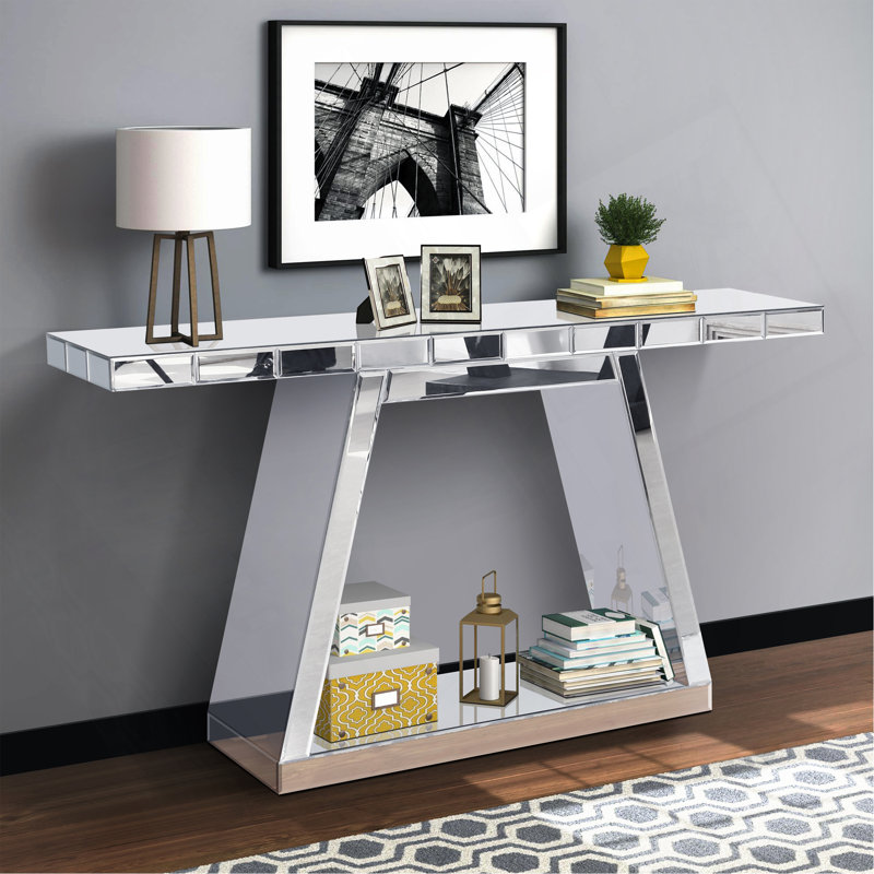 55.9" Modern Luxe Full-Body Mirror Entryway Table With Trapezoid Base – 360° Reflective Console Table, Sturdy Wooden Frame, Scratch-Resistant Design & Open Storage For Hallway, Living Room, Staircase