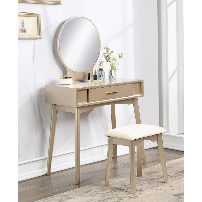 Contemporary Wood Vanity And Stool Set, Gold, Gold
