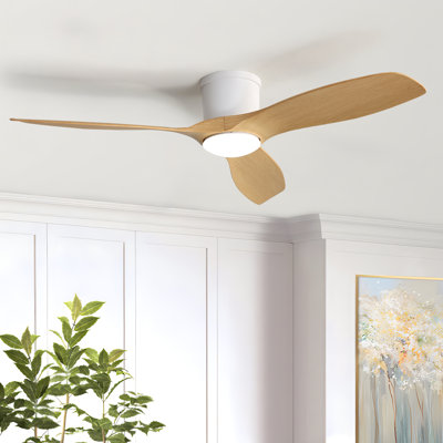 Ventilateur de plafond encastré moderne à 3 pales de 52 po en ABS moderne avec lumière, télécommande / APP, blanc