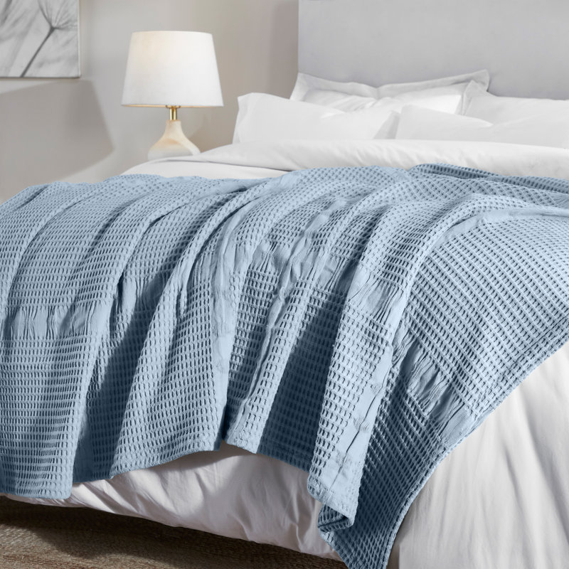 Couverture 100% coton à texture alvéolée Mai Waffle, Bleu pâle, Très grand lit